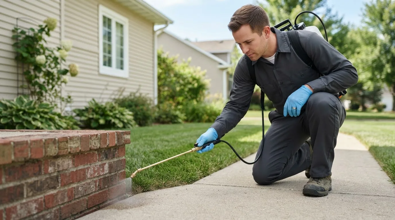 Pest control technician treating a home near Stollings, WV