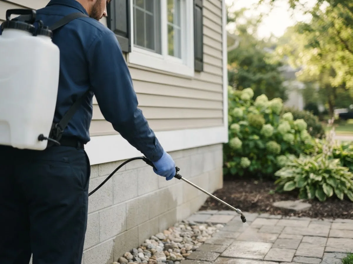 Pest control technician inspecting a home in Stollings, WV